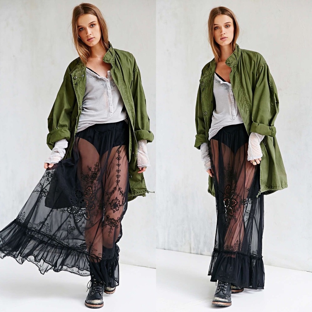Urban Outfitters Black Mesh Embroidered Skirt